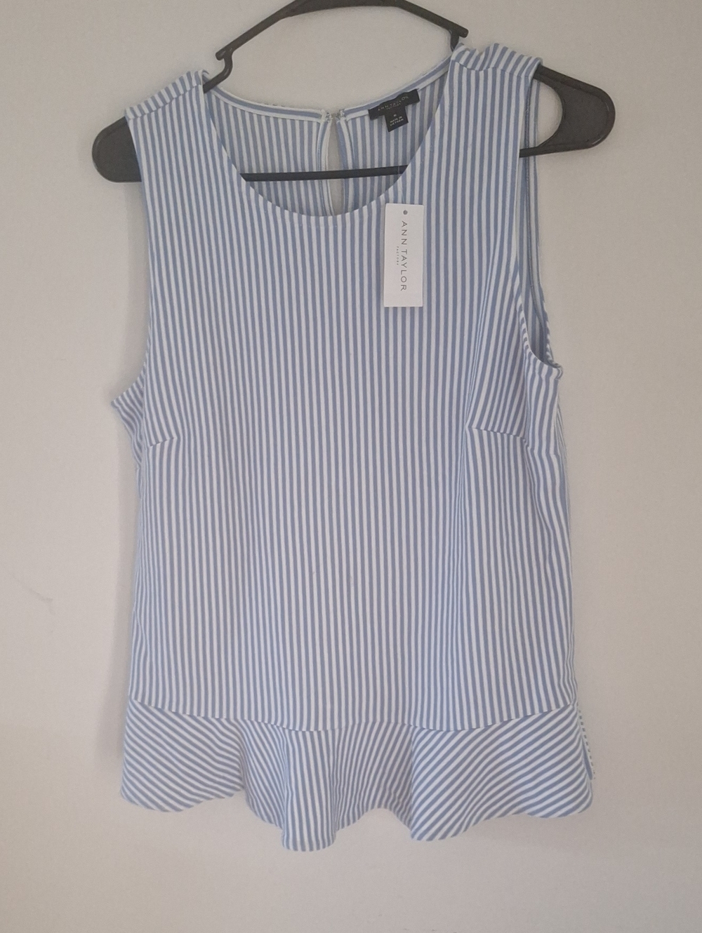 Classic Sporty Ann Taylor Light Blue&White Striped Peplum Top Sz M Nwt